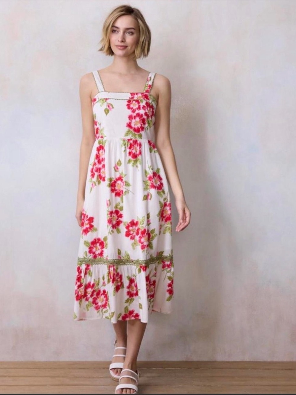(2 for $40) LC Lauren Conrad White Midi Dress with Pink Floral Print